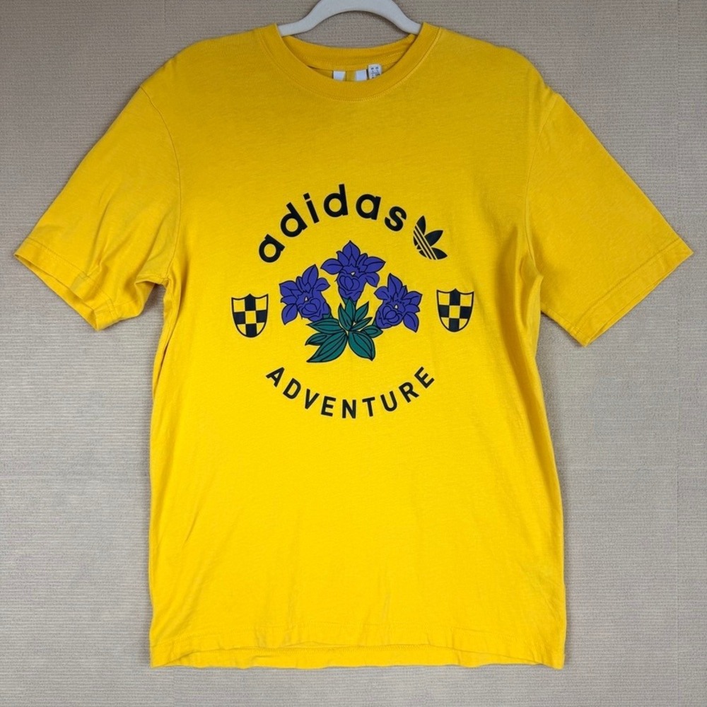 Adidas Adventure Yellow Floral Graphic Trefoil T-Shirt Small Womens Mens Unisex